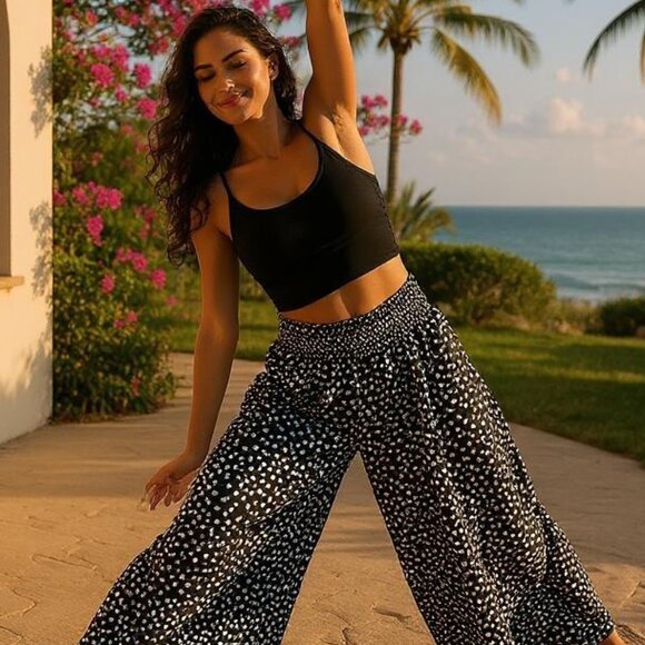 Halara Pants | Black with White flowers | Ruffle Hem | Elastic Waist - Picture 1 of 9